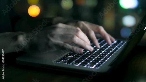 real time Extreme close-up human hands typing on laptop. Closeup coding on AI chatbot coding, working hard at night overtime on computer. 4K HD