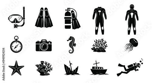 Diving equipment and marine life icons presented as a black silhouette