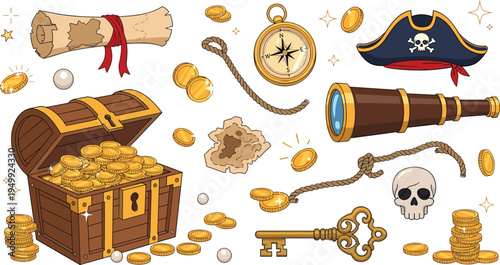 Pirate Treasure Adventure Vector Set with Gold Chest, Coins, Compass, Telescope, Skull, Key and Nautical Map