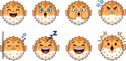 Cute Puffer Fish Emoji Face Set Featuring Happy, Angry, Sleeping, Laughing, Surprised, and Inflated Blowfish Expressions in Adorable Cartoon Vector Style