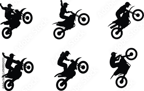 Motocross rider silhouette performing wheelie stunt collection isolated on white background, extreme dirt bike action vector illustration set