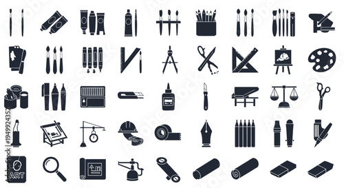 Collection of various art supplies and tools presented in black silhouette