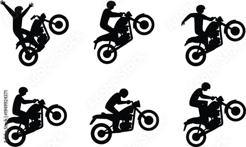 Motorcycle stunt rider silhouette set performing wheelie tricks isolated on white background, extreme sports action vector illustration collection