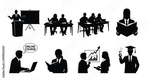 Business education icons depicting presentations students and online learning silhouette