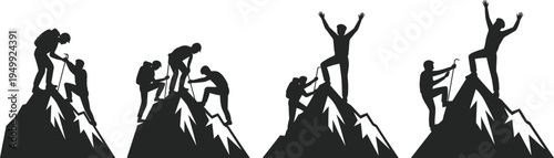 Mountain climbing team silhouette, hikers helping each other reach summit, success teamwork concept, adventure achievement vector illustration