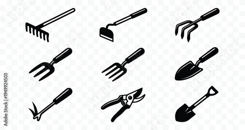 Collection of Black and White Gardening Tools Icons on Transparent Background