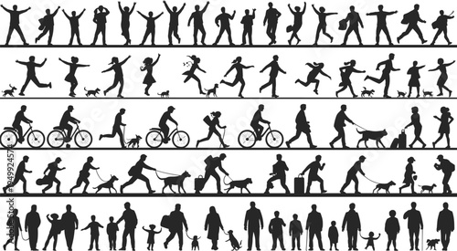 People walking silhouette collection, daily life activity set with walking, running, cycling, dog walking, family lifestyle vector