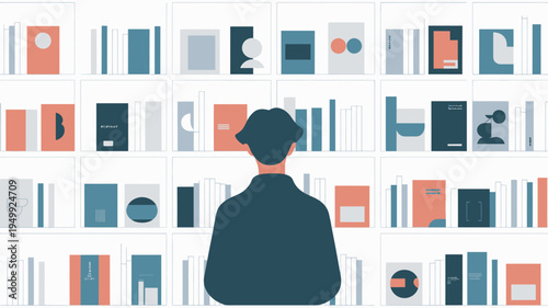 A man in a dark jacket and hat stands in front of a large bookshelf filled with various books and decorative objects.