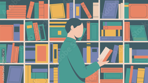 A man in a green sweater browses through books on a colorful bookshelf in a library or bookstore.