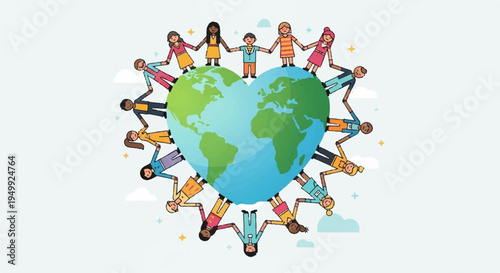 Diverse people holding hands around the earth symbolizing global unity and friendship