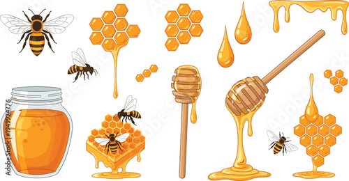 Honey and Beekeeping Vector Set Featuring Honey Jar, Honeycomb, Bees, Honey Dipper, Dripping Honey Drops, and Sweet Natural Nectar Elements