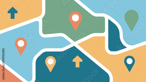 A colorful map with various location markers and arrows pointing in different directions.