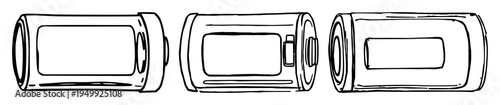 Lithium-ion cell set with hand-drawn scientific illustration of a cross-section featuring energy, tech, detail with white background and illustration