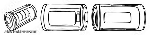 Lithium-ion cell set with hand-drawn scientific illustration of a cross-section featuring energy, tech, detail with white background and illustration