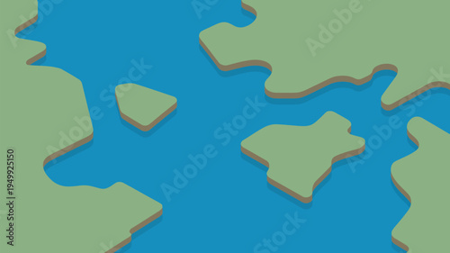 A stylized illustration of a map with green landmasses and blue water