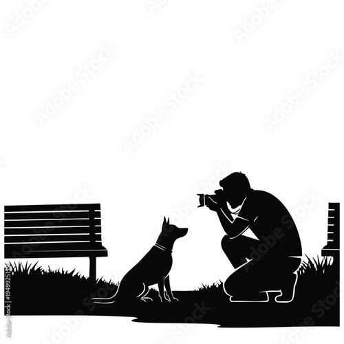 Photographer silhouette taking picture of dog in park near bench sign