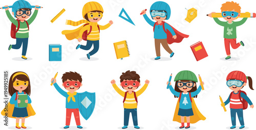 Superhero School Kids Cartoon Vector Set with Children Wearing Capes, Books, Pencils and Learning Characters