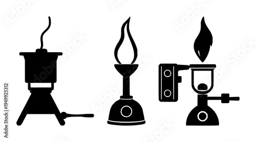 Bunsen burner set with flat vector icon and bold outlines featuring laboratory equipment, science, icons with solid black and white background