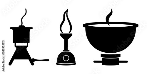 Bunsen burner set with flat vector icon and bold outlines featuring laboratory equipment, science, icons with solid black and white background