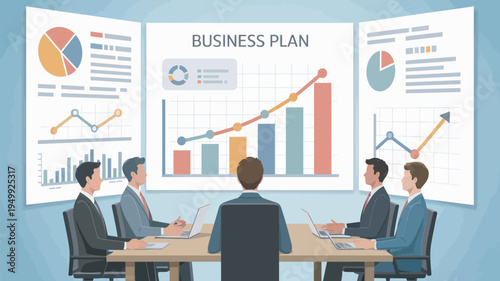 A group of business professionals sitting around a table discussing a business plan with graphs and charts on the wall