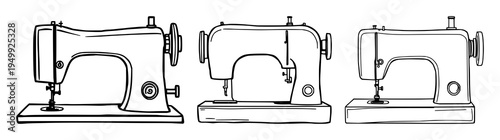Sewing machine set with continuous line art drawing style featuring atelier, tailor, design with minimalist and linear sketch