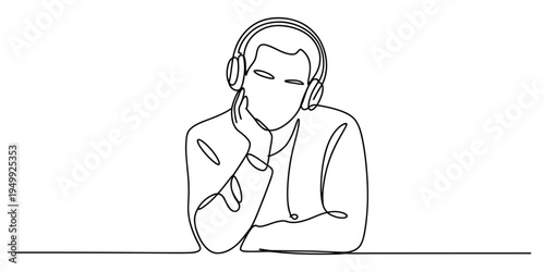 Continuous line drawing of a pensive man wearing headphones and listening to music or a podcast
