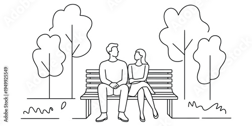 A simple line drawing of a young couple sitting on a park bench surrounded by trees.