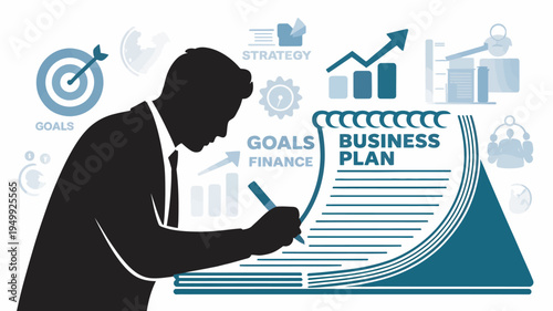 A businessman creating a business plan with a pen and notebook on a desk with strategy and finance goals in mind.