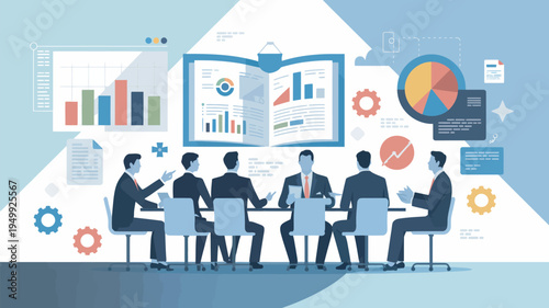 A group of businessmen in suits sitting around a table with laptops and discussing data analysis and statistics with various charts and graphs around them.