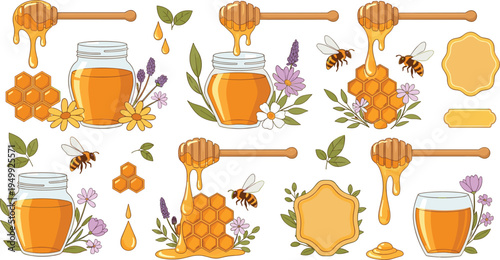 Honey and Beekeeping Vector Set Featuring Honey Jar, Honeycomb, Bees, Honey Dipper, Dripping Honey, Flowers, and Natural Organic Sweet Food Elements