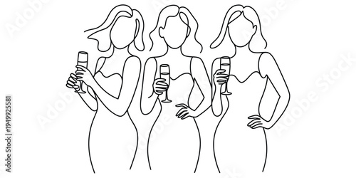 Continuous line drawing of three elegant women celebrating with champagne glasses at a party