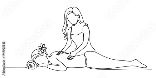 Continuous line drawing of a professional therapist giving a relaxing back massage to a woman
