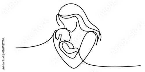 Continuous line drawing of a mother holding her newborn baby in a tender embrace
