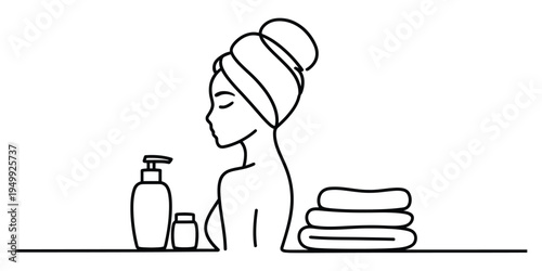 Minimalist line art illustration of a woman in a spa setting with towels and skincare products.