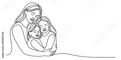 Continuous line drawing of a loving mother hugging her two young daughters in a tender embrace.