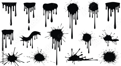 Ink Drip and Splatter Icon Set Featuring Paint Drops, Liquid Stains, and Grunge Splash Elements for Abstract, Horror, and Street Art Design