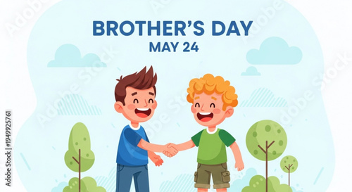 Two brothers shaking hands on brother's day may 24 celebrating sibling bond with trees and clouds in background