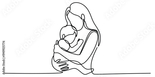 Mother holding her child in a continuous line drawing style symbolizing love and care.