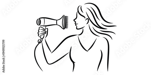Simple line drawing of a woman using a hair dryer to style her long flowing hair