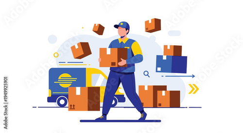 Delivery man in blue uniform carrying boxes with truck and packages around him moving quickly