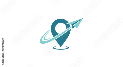 Location Pin with Paper Airplane and Orbiting Swirl.