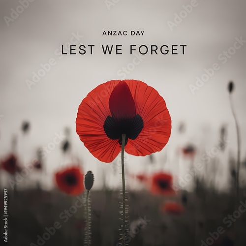 ANZAC Day remembrance field with ANZAC Day Lest We Forget text and focused red poppy in blurred poppy landscape