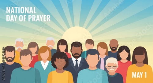 Diverse group of people praying together on national day of prayer may 1st with sunburst background