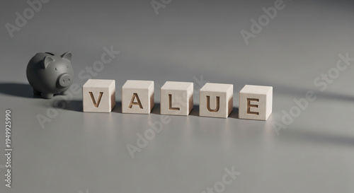 Wallpaper Mural 3D wooden value blocks with metal piggy bank on minimalist gray surface for finance concept Torontodigital.ca