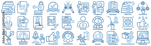 Quality assurance icon set including compliance, monitoring, validation, efficiency, workflow, process, system, metrics, checklist and reliability