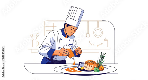 Chef preparing a delicious meal with sauce and garnish in a professional kitchen setting daily
