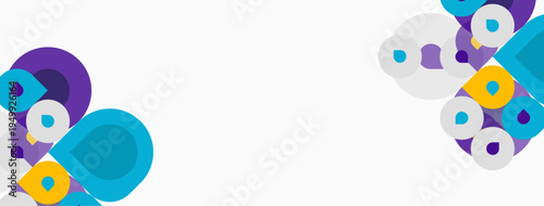 Abstract colorful shapes, circles, curves dominate white background. Modern design, playful composition, vibrant hues present.