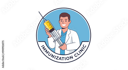Male doctor holding a large syringe in an immunization clinic logo.