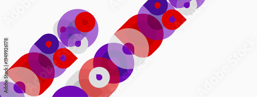 Abstract circles, red, purple hues overlap. Diagonal arrangement creates dynamic visual pattern. Minimalist design, clean aesthetic.