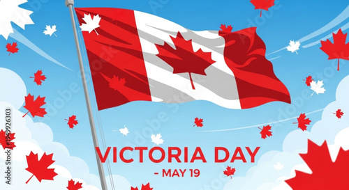 Canadian flag waving on victoria day with maple leaves and blue sky background